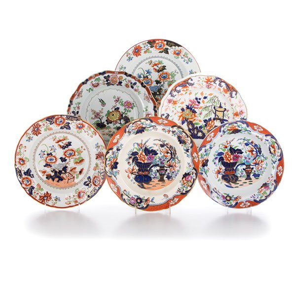 Imari-Style Creamware and Ironstone Soup Bowls : Imari-Style Creamware and Ironstone Soup Bowls English, 19th century. An assembled group of six creamware and ironstone soup bowls, all having Imari-style floral motifs with gilt accents, with var