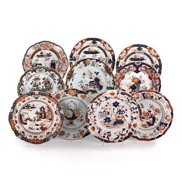 Imari-Style Ironstone Plates, Plus : Imari-Style Ironstone Plates, Plus English, 19th century. An assembled group of eight ironstone plates, all having Imari-style floral motifs and landscape scenes with gilt accents, with various 