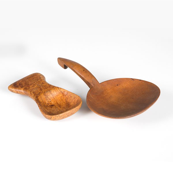Great Lakes Maple Scoops : Great Lakes Maple Scoops Two fine Great Lakes maple scoops, one with a hooked tapered handle, the other of burl maple with a flat handle; largest lg. 9.5 in. Provenance: From the Estate of Kenne