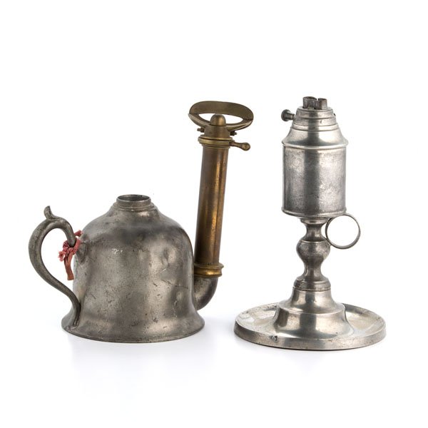 Pewter Oil Lamps : Pewter Oil Lamps American, 19th century. Two pewter lamps including a vapor lamp patented by George Walker in 1860 (copy of patent included) and a small oil lamp on baluster support and circular bas