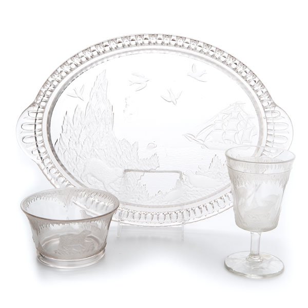 Polar Bear Pressed Glass Tray, Bowl and Goblet : Polar Bear Pressed Glass Tray, Bowl and Goblet American (Ohio), late 19th century. Three pieces of pressed glass colorless and frosted glass in the Polar Bear pattern, including a goblet, bowl and w