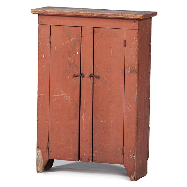 Child's Salmon Painted Cupboard : Child's Salmon Painted Cupboard American, 19th century. A pine two-door storage cupboard in old salmon paint, having a molded cornice above an interior with four shelves, the tongue and groove back