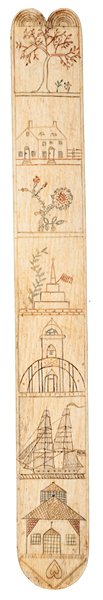 Whale Bone Scrimshaw Corset Busk : Whale Bone Scrimshaw Corset Busk American, 19th century. A scrimshaw corset busk made out of whale bone, showing seven panels representing a tree, a flower, houses, a memorial monument, and a ship;