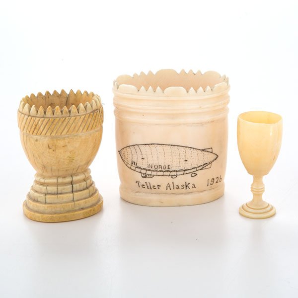 Group of Walrus Ivory and Whalebone Toothpick Holders : Group of Walrus Ivory and Whalebone Toothpick Holders American, 19th century. A group of three toothpick holders, one in walrus ivory in the form of a miniature chalice, one in whalebone with steppe