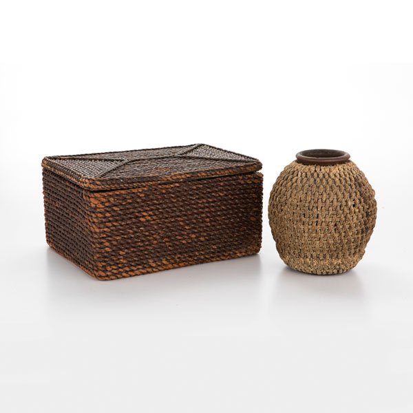 Sailor's Knot Decorated Box and Vase : Sailor's Knot Decorated Box and Vase American, 20th century. A wooden box with removable lid and earthenware jar, both with sailor's knot covered exteriors; box ht. 6, wd. 11.25, dp. 8.25 in. Pr