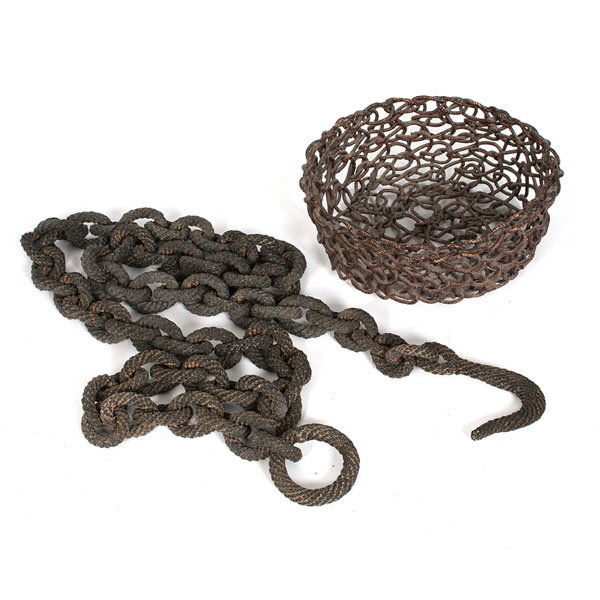 Sailor's Knot Basket and Chain : Sailor's Knot Basket and Chain American, early 20th century. A round sailor's knot basket and a knot chain having a hook and loop closure; basket dia. 10 in., chain lg. 82 in. Provenance: From the