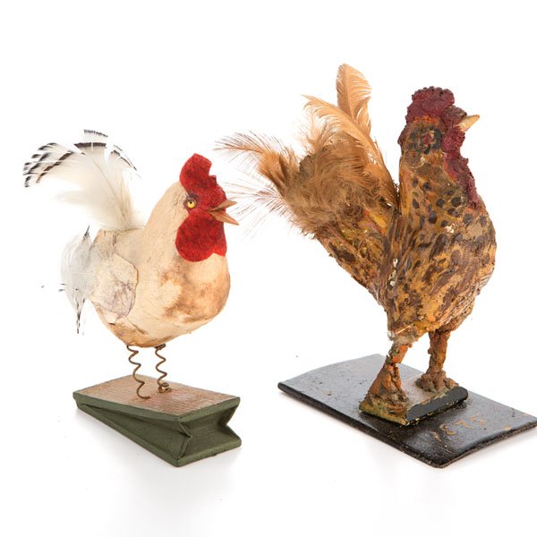 Rooster Pipsqueak Toy, Plus : Rooster Pipsqueak Toy, Plus German, late 19th century. A rooster pipsqueak toy, made of papier mache with feathers, on a bellows mount, PLUS a painted papier mache rooster with feathers, mounted on