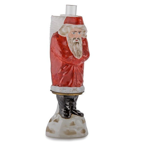 Early Santa Claus Lamp : Early Santa Claus Lamp American, late 19th-early 20th century. A rare Santa Claus glass oil lamp, with glass feet and surround; ht. 10.75 in. Provenance: Property from the Estate of Jane Murphy,