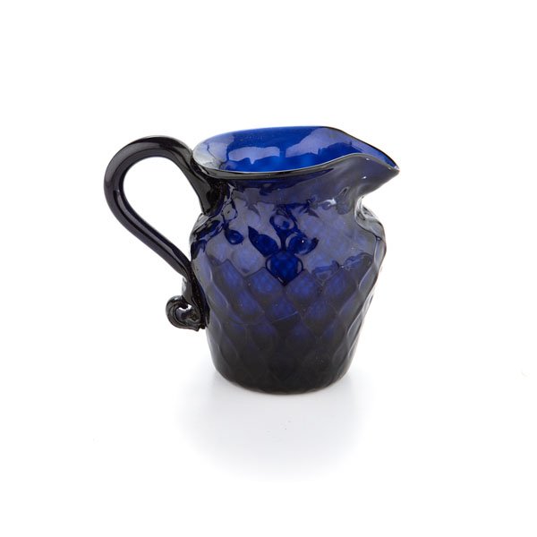 Diamond Quilted Mold-Blown Cobalt Pitcher : Diamond Quilted Mold-Blown Cobalt Pitcher American, probably Pennsylvania, 19th century. A Stiegel type 15 diamond quilted mold-blown cobalt pitcher with applied scrolled handle, flaring mouth and 