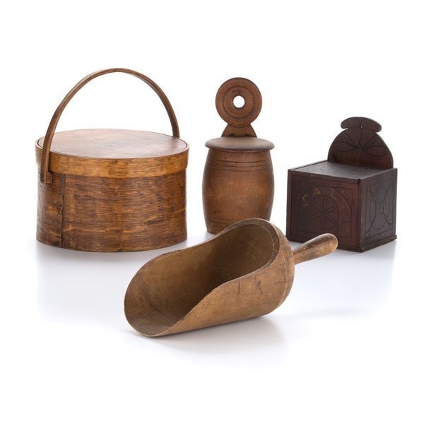 Woodenware Boxes and Scoop : Woodenware Boxes and Scoop American, 19th century. An assembled group of two salt boxes with hinged lids and incised details, a handled pantry box, and a wooden scoop; pantry box dia. excluding hand