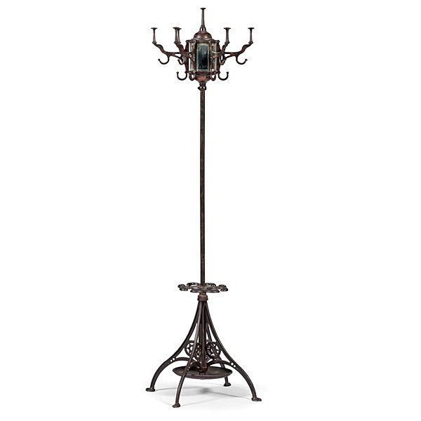 Barber Shop Cast Iron Hat, Umbrella Rack : Barber Shop Cast Iron Hat, Umbrella Rack American, 19th century. A hat and umbrella rack in cast iron with square mirrored block at top with six two-tiered coat hooks over umbrella compartments over