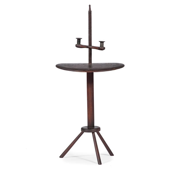 Early Ratchet Candlestand : Early Ratchet Candlestand American, 19th century. An early ratchet candlestand in walnut and pine with old surface, having a two-candle arm on an adjustable screw stem, on three splayed legs; ht. 40