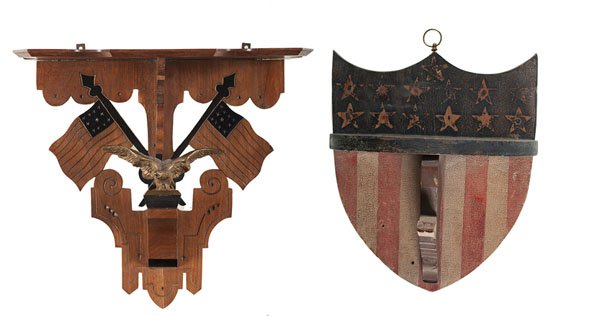 Pair of Patriotic Folk Art Bracket Shelves : Pair of Patriotic Folk Art Bracket Shelves American, late 19th-early 20th century. A pair of wooden bracket shelves, one with an American flag paint decorated shield back and carved bald eagle brac