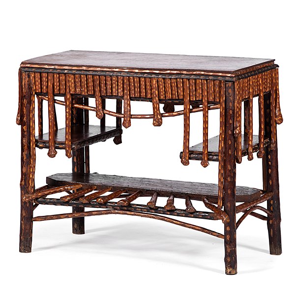 Twig Table by Rev. Ben Davis of North Carolina : Twig Table by Rev. Ben Davis of North Carolina American (North Carolina), 20th century. A rectangular folk art table of rustic twigs and branches, nailed and lacquered, having two side shelves abo