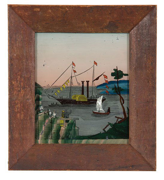 Framed Clock Tablet With Sidewheel Ship : Framed Clock Tablet With Sidewheel Ship American, 19th century. A framed reverse painted glass clock tablet depicting a sidewheel ship in a harbor; 5.75 x 4.75 in. Provenance: From the Estate of K