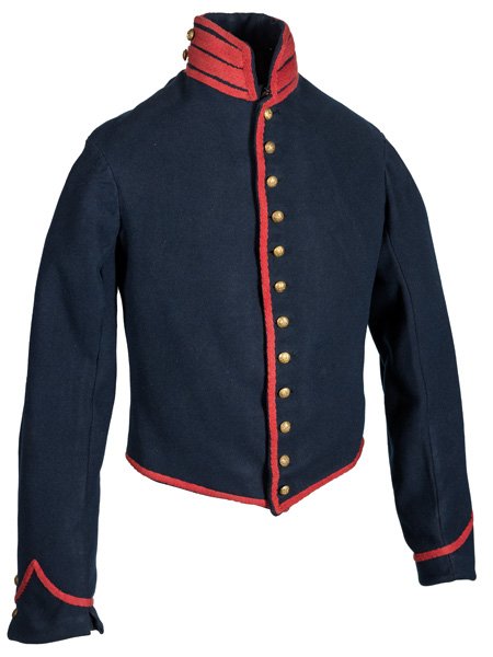 Civil War Artillery Shell Jacket Belonging to Pvt.: Civil War Artillery Shell Jacket Belonging to Pvt. Henry Thomas, 8th NYHA A pristine Navy blue wool artillery shell jacket with bright red trim piping. Twelve-button single-breasted variant with