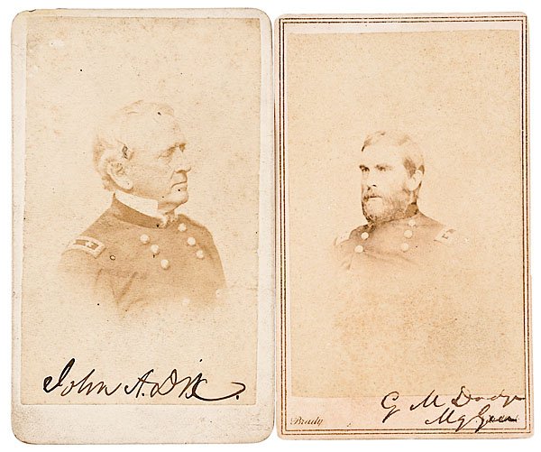Two Autographed CDVs: Gen. Grenville Dodge & Gen. John: Two Autographed CDVs: Gen. Grenville Dodge & Gen. John Dix Lot of 2: Maj. Gen. Grenville Dodge, autographed beneath vignette portrait, with Brady imprint. Maj. Gen. John Dix, autographed beneath por