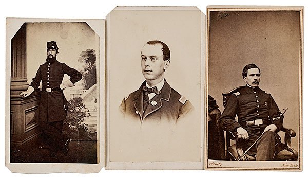 Three CDVs, New York Officers : Three CDVs, New York Officers Lot of 3: Brady carte of New York Capt. George H. Weir, autographed on verso, and inscribed Camp Barnes/ Near Beverly Ford/ Jany 30th, 1864; joined as Capt. 6/63, com