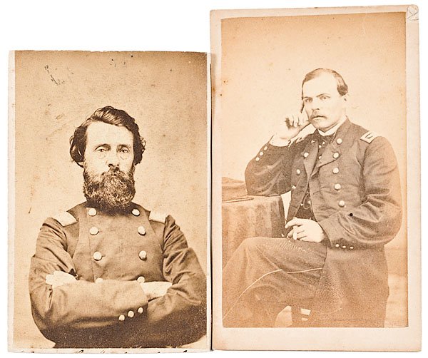 Two CDVs, Illinois BBGS: Loren Kent, John Homer Howe : Two CDVs, Illinois BBGS: Loren Kent, John Homer Howe Lot of 2: Bvt. Brig. Gen. Loren Kent, Col. 29th Illinois, carte as colonel with cigar in hand, backmark of Hughes & Lakin, Natchez, MS, signed on
