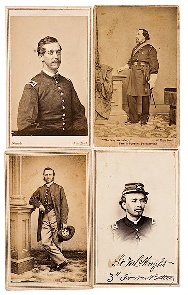 Four CDVs of Identified Western Officers : Four CDVs of Identified Western Officers Lot of 4: A Brady CDV of Capt. Jerome Bradley, AQM; identification in modern pencil, formerly 3rd IA Battery, Capt. & QM 2/63, resigned 1/65. Lieut. Melvi