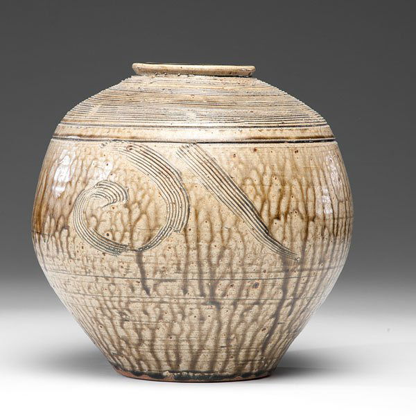 Bernard Leach (1887-1979; Hong Kong/Britain) : Bernard Leach (1887-1979; Hong Kong/Britain) Ash Fired Vase with Rake Design ca 1960s Stoneware; ht. 10.5, dia. 9.5 in. Artist's stamps on side.