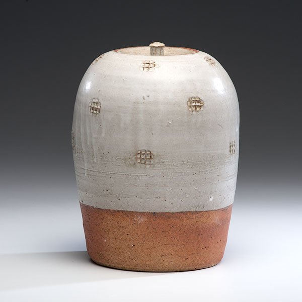William Marshall (1923-2007; Britain) : William Marshall (1923-2007; Britain) Lidded Vase with Impressed Design ca 2000 Stoneware; ht. 12.75, dia. 8.75 in. Artist's stamp at foot.