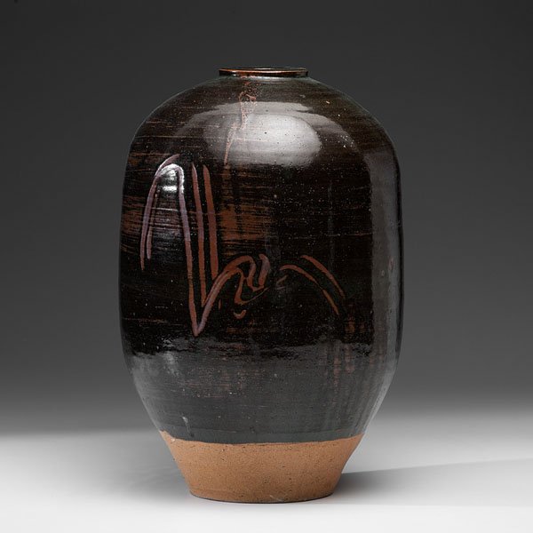 William Marshall (1923-2007; Britain) : William Marshall (1923-2007; Britain) Round Vase with Finger Rake Design ca 2000 Stoneware; ht. 19, dia. 12 in.