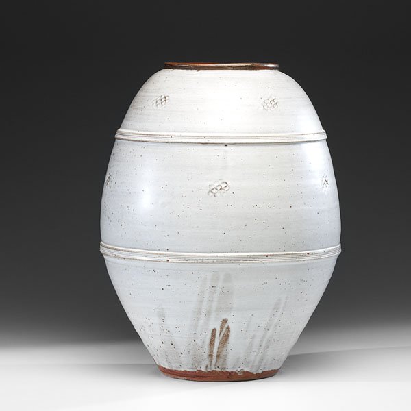 William Marshall (1923-2007; Britain) : William Marshall (1923-2007; Britain) Round Vase with Impressed Design ca 2000 Stoneware; ht. 21.5, dia. 15.5 in.