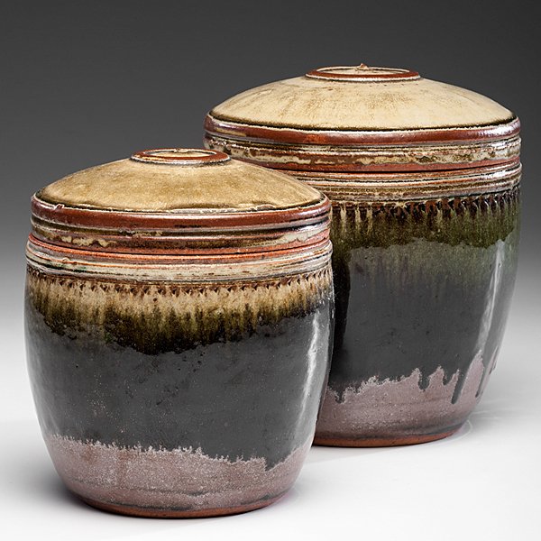 Richard Batterham (1936; Britain) : Richard Batterham (1936; Britain) Pair of Tea Caddies ca 2001-06 Glazed stoneware ht. 8.5, dia. 7 in. ht. 9.5, dia. 8 in.
