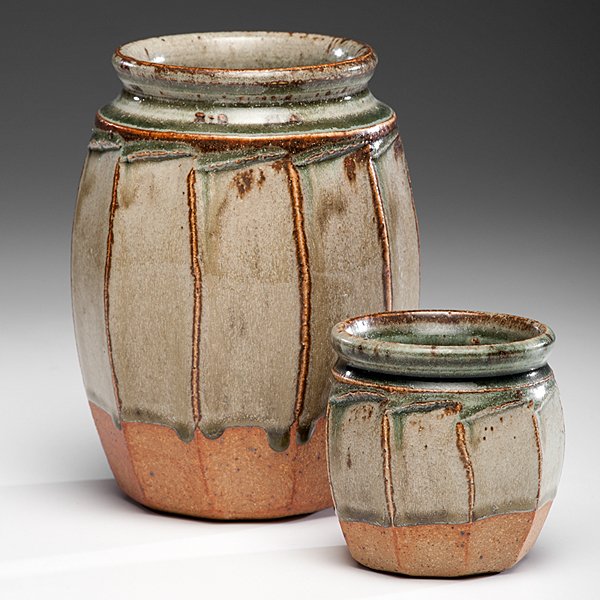 Richard Batterham (1936; Britain) : Richard Batterham (1936; Britain) Pair of Faceted Vases ca 2001-06 Glazed stoneware Small ht. 3.5, dia 3.5 in. Large ht. 7.25, dia. 4.5 in.