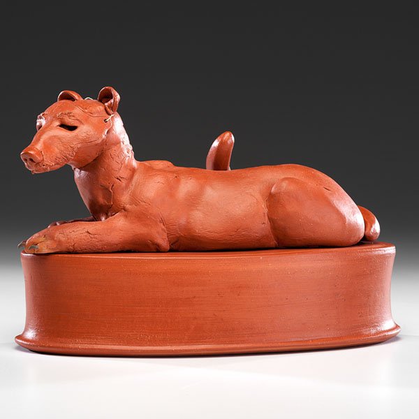 Joe Bova (1941; USA) : Joe Bova (1941; USA) Cat with Dog Mask ca 1985 Earthenware; ht. 10, wd. 14.5, dp. 6.5 in. Incised "Clay Dogs," G. Clark, Los Angeles on base. Artist's signature and date incised on base and on figur