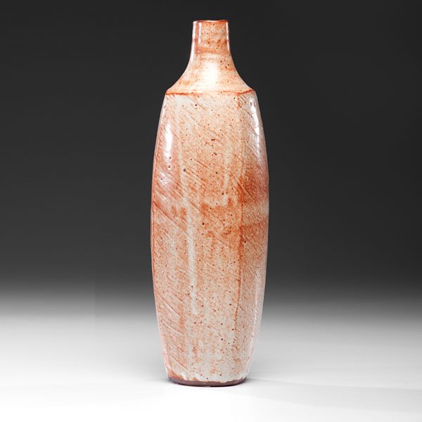 Warren MacKenzie (1924; USA) : Warren MacKenzie (1924; USA) Shino Glazed Faceted Bottle Vase ca 2003 Stoneware; ht. 18.5, wd. 5.25, dp. 5.25 in. Warren MacKenzie is the first American apprentice of the father of studio pottery,