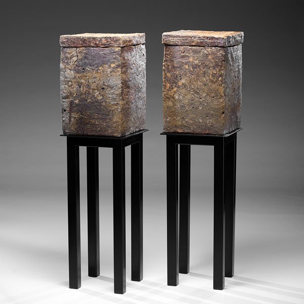Tim Rowan (1967; USA) : Tim Rowan (1967; USA) Pair of Lidded Boxes ca 2007 Stoneware; ht. 20, wd. 13.75, dp. 13 in. each (without stands) Custom stands included. Tim Rowan grew up in Connecticut along the shore of