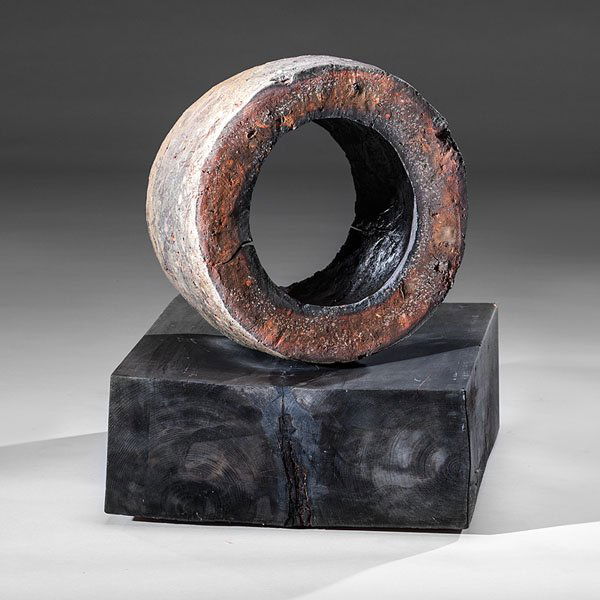 Tim Rowan (1967; USA) : Tim Rowan (1967; USA) Cylinder Section ca 2006 Woof-fired stoneware; ht. 11, dia. 17.25 in. (without stand) Custom stand included.
