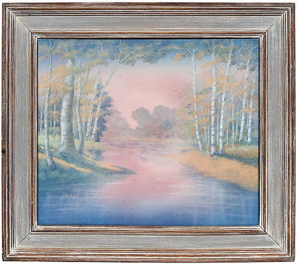 Outstanding Large Rookwood Vellum Plaque by E.T.: Outstanding Large Rookwood Vellum Plaque by E.T. Hurley E.T. Hurley (American, 1869-1950). A large and impressive Rookwood vellum plaque depicting birch trees on the banks of a lake, with artist