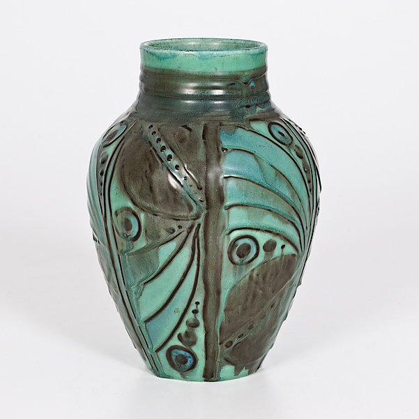 Rookwood Vase By Elizabeth Barrett : Rookwood Vase By Elizabeth Barrett American (Cincinnati), 1929. A later mat/mat moderne glaze vase in blue and mint green with dark slip circle and stylized leaf scraffito decoration and a light blu
