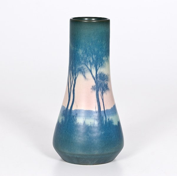 Rookwood Vellum Vase by E.T. Hurley : Rookwood Vellum Vase by E.T. Hurley Cincinnati, 1919. A Rookwood vellum vase featuring a scenic sunset, decorated by E.T. Hurley. Impressed Rookwood mark, 1919 date, shape 1278E and incised artis