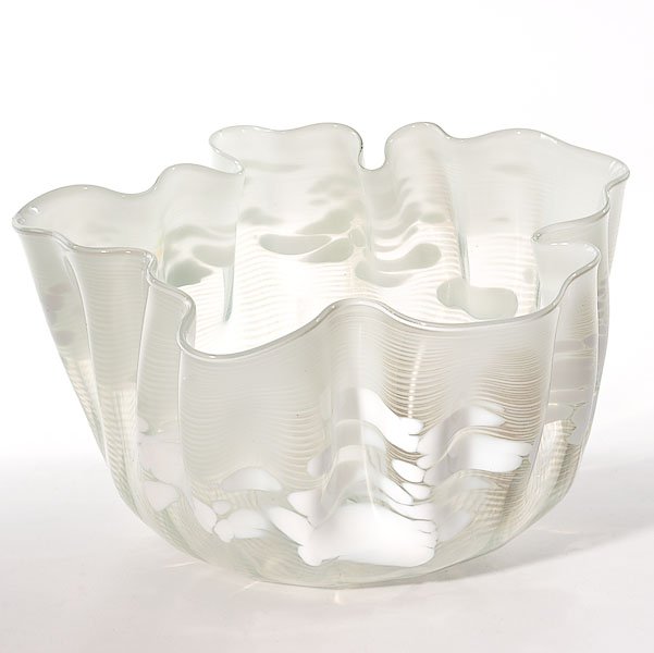 Macchia Basket, by Dale Chihuly : Macchia Basket, by Dale Chihuly Dale Chihuly (American, b. 1941). A blown Macchia basket, having a white lip with an opaque interior with white bands and mottled accents. Signed and dated 1982; 9.87