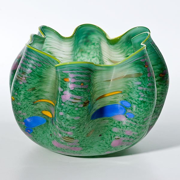 Macchia Basket, by Dale Chihuly : Macchia Basket, by Dale Chihuly Dale Chihuly (American, b. 1941). A blown Macchia basket, having a canary yellow lip and a mottled lime green interior. Signed and dated 1982; 8 in. width, 5.25 in. 