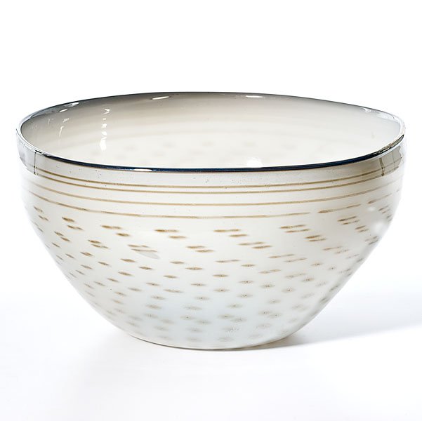 Early Pilchuk Bowl, by Dale Chihuly : Early Pilchuk Bowl, by Dale Chihuly Dale Chihuly (American, b. 1941). An early glass bowl having an opalescent blue rim with a cream interior and swirling brown bands and accents. Signed Chihuly Pil