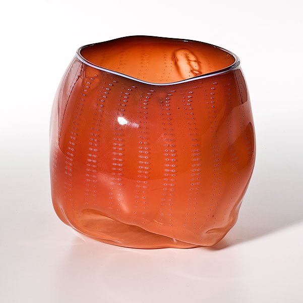 Freeform Basket, by Dale Chihuly : Freeform Basket, by Dale Chihuly Dale Chihuly (American, b. 1941). A fine freeform basket having a light blue lip and a dark to light choral interior, with circling light blue geometric pattern. Sig