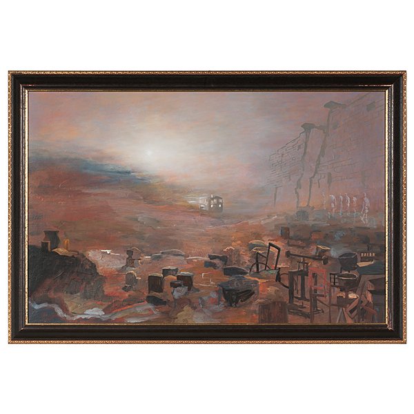 Bus Stop by Nina Sten-Knudsen : Bus Stop by Nina Sten-Knudsen Nina Sten-Knudsen (Danish, b. 1957). Oil on canvas, housed in wood frame. A desolate landscape with abandoned furniture, a bus approaching, and a group of men with a gh