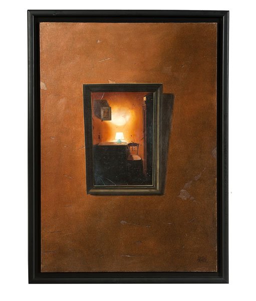 Miroir Quotidien , by Claude Lazar : Miroir Quotidien, by Claude Lazar Claude Lazar (French, b. 1947). Oil on canvas titled Miroir Quotidien (1998). The image is a reflection of what appears in a mirror, hanging on a wall. Signed l.r.;