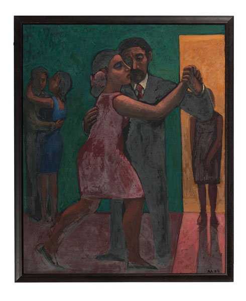 Couple Dance Scene by Alfredo Antognini : Couple Dance Scene by Alfredo Antognini Alfredo Antognini (Argentinian born, San Diego based, born 1938). Oil on canvas, housed in wood frame. A scene showing two couples dancing, and a woman in a d