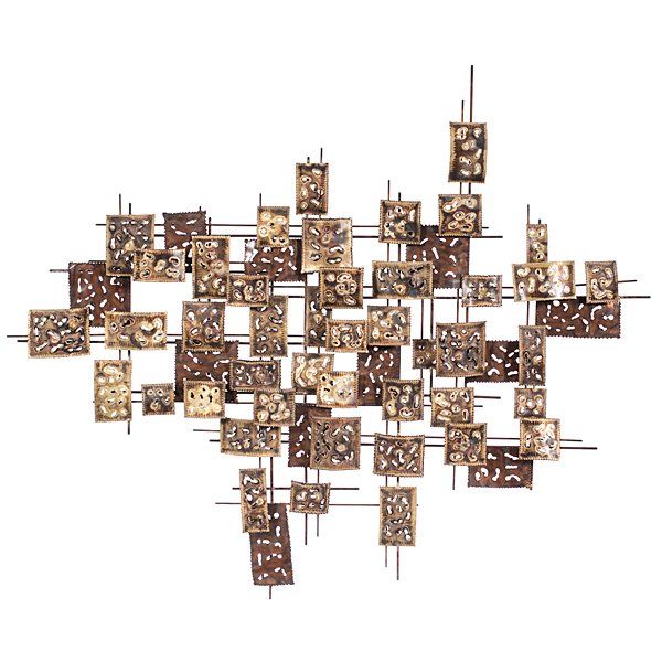 Brass Wall Sculpture by Ross Burthwick : Brass Wall Sculpture by Ross Burthwick American, 20th century. A wall sculpture composed of curved metal sheets of differing sizes in gold and bronze tones, each with scalloped edges and punctured w
