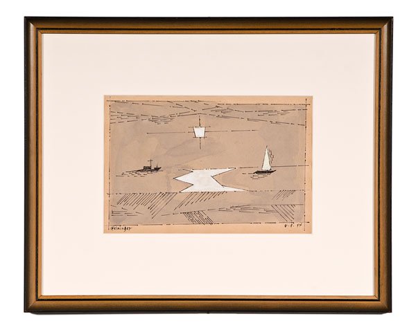 Abstract Boat Scene by Lyonel Feininger : Abstract Boat Scene by Lyonel Feininger Lyonel Feininger (American, 1871-1956). Ink, gouache, and watercolor on paper, housed in a wood frame. An abstract scene showing a boat with other geometrical