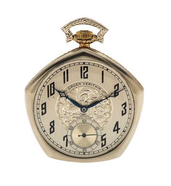 A Gruen 14 Karat Pentagon Verithin with Box and Papers : A 14k white and yellow gold Gruen Verithin Pentagon. "The Croix de Guerre for American Achievement." Movement number: 148104. 19 jewels. All positions and temperatures. Silver dial with engraved flora