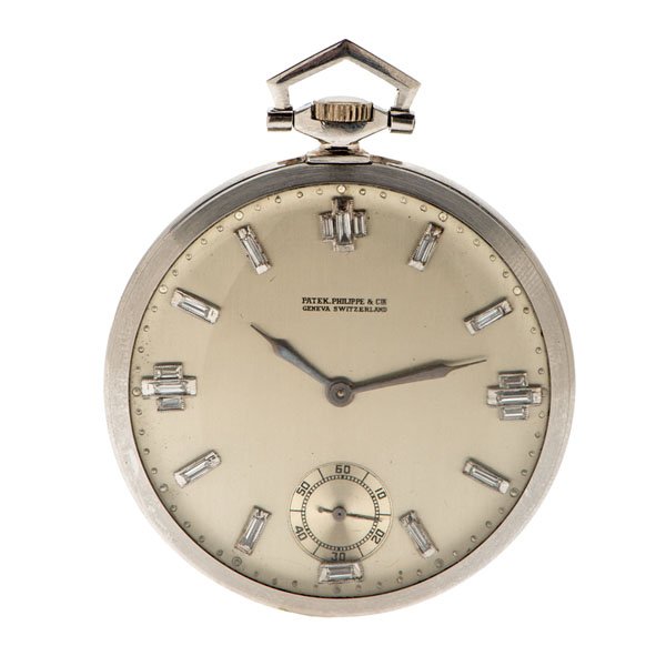 Patek Philippe & Co. Platinum and Diamond Pocket Watch: A Patek Philippe platinum pocket watch made for Tiffany and Co. 18 jewels, 8 adjustments. Subsidiary seconds dial. Movement serial number 808874. Case number 222124. Case back engraved "LHK Jr." Silve