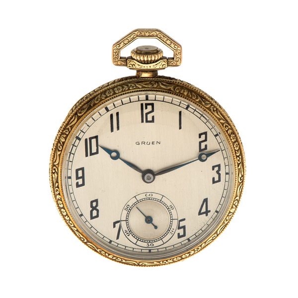 A Gruen 17-Jewel 14 Karat Open Face Pocket Watch : Gruen size 8 open face pocket watch. 14 karat yellow gold Wadsworth case. Gruen Guild 17j, 3-adjustment 850 Swiss movement. Subsidiary seconds at 6 o'clock. Engraved "J.J.S." on back of case.