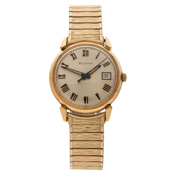 A Grouping of Three Vintage Wrist Watches : A group consisting of an Elgin De Luxe manual wind, a Bulova manual wind with date and an Accutron manual wind with date. All three are fitted with aftermarket stretch bands. With boxes.